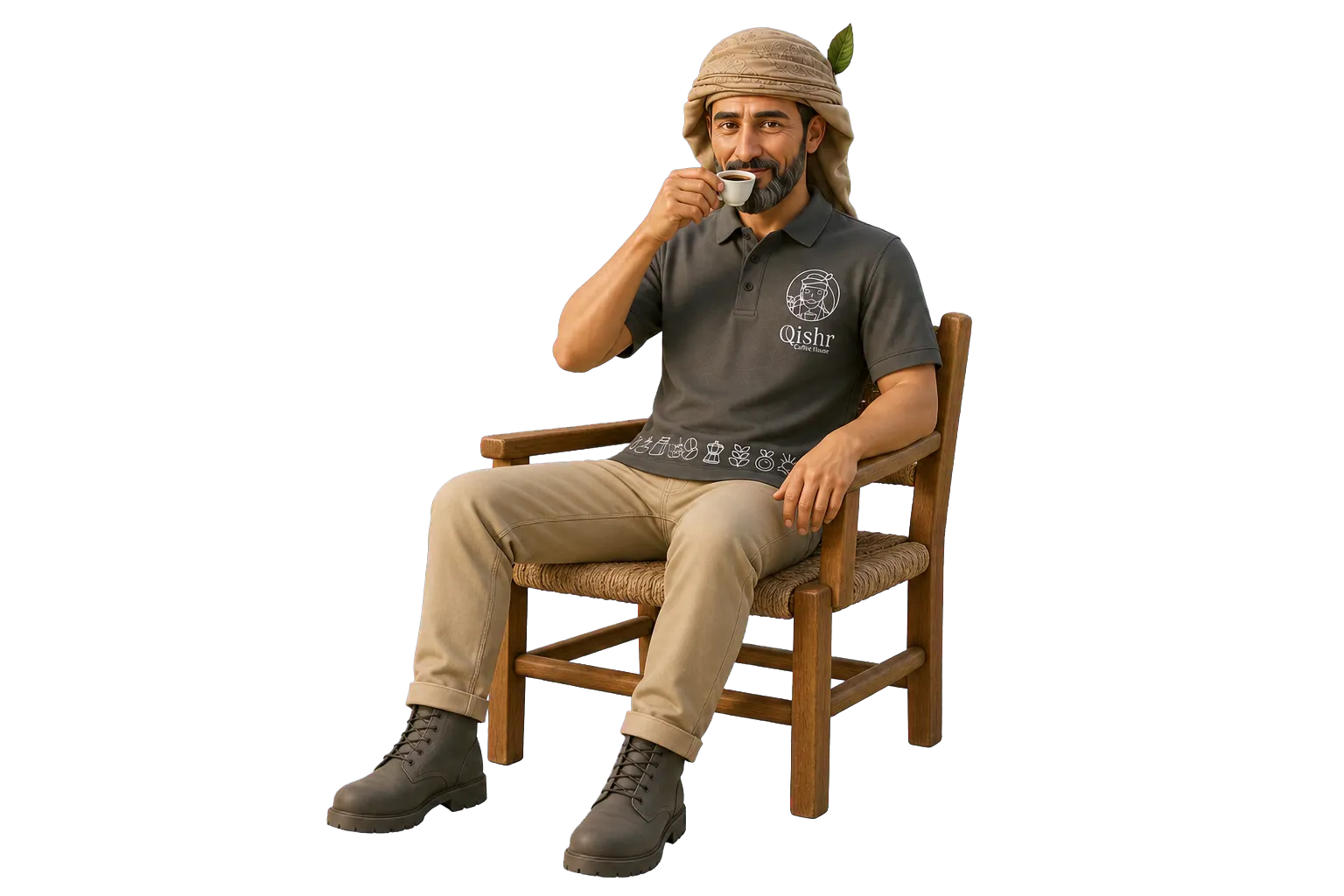 Qishr character seated and sipping traditional Qishr coffee