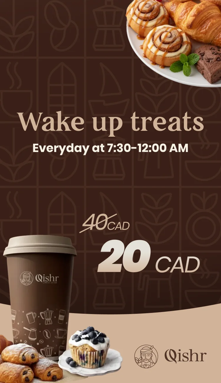 Wake up treats — breakfast plate 40 CAD for 20 CAD, every day 7:30 AM to noon
